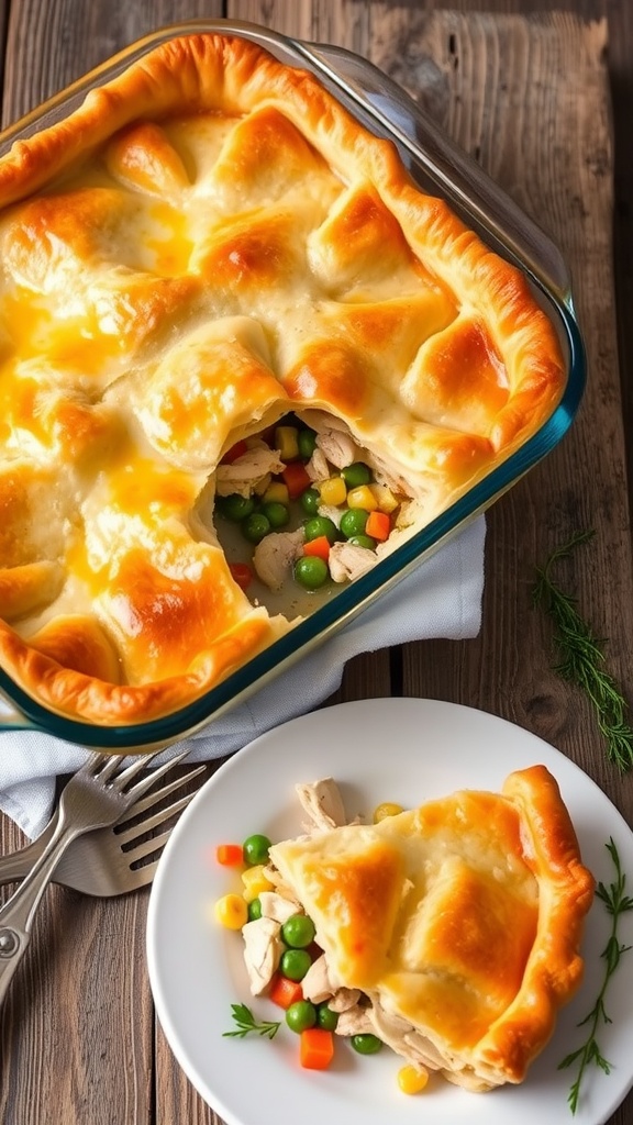 Hearty 13x9 Chicken Pot Pie Recipe Golden chicken pot pie in a baking dish, with visible chicken and vegetable filling, placed on a wooden table.